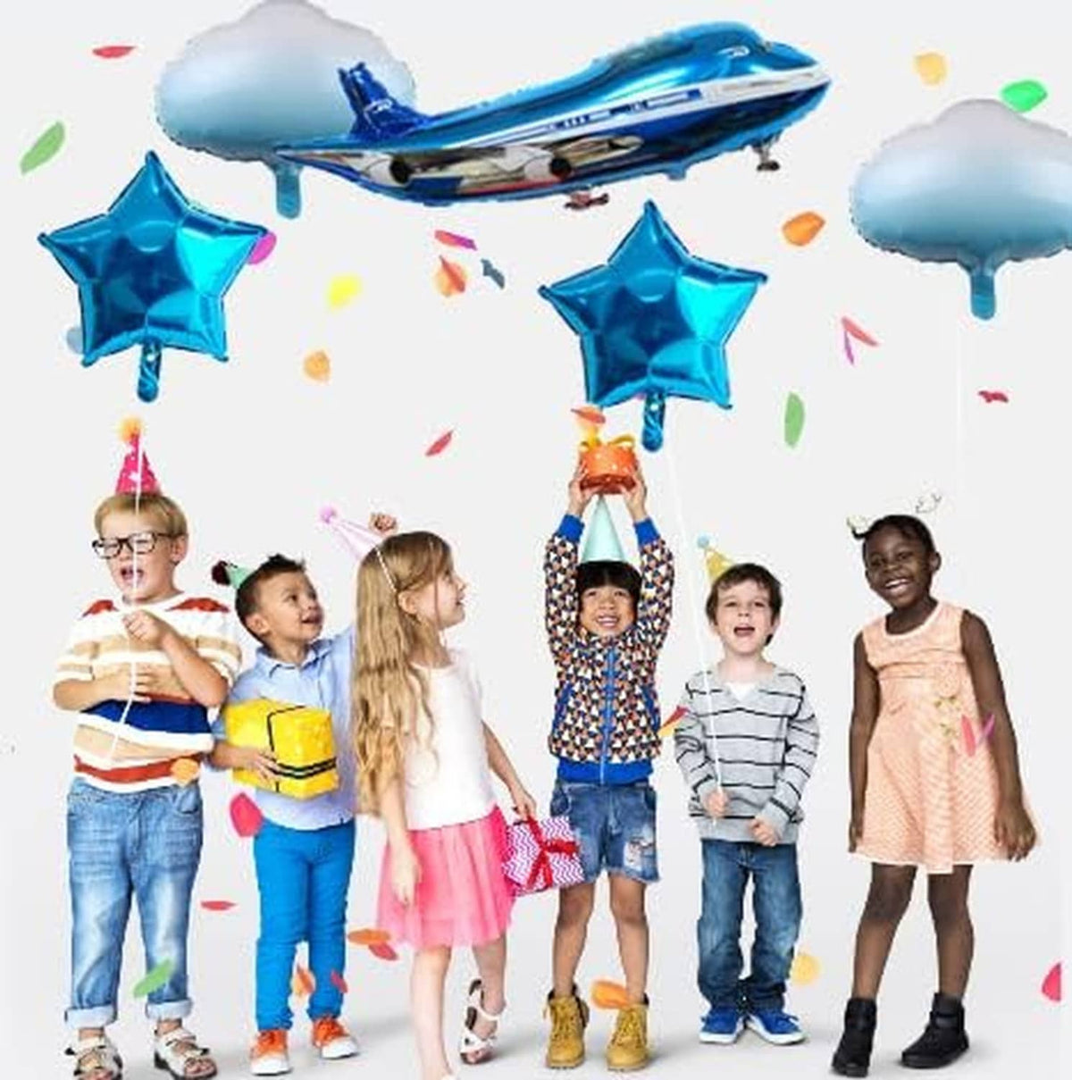 Blue airplane balloon with cloud and star balloons above celebrating kids