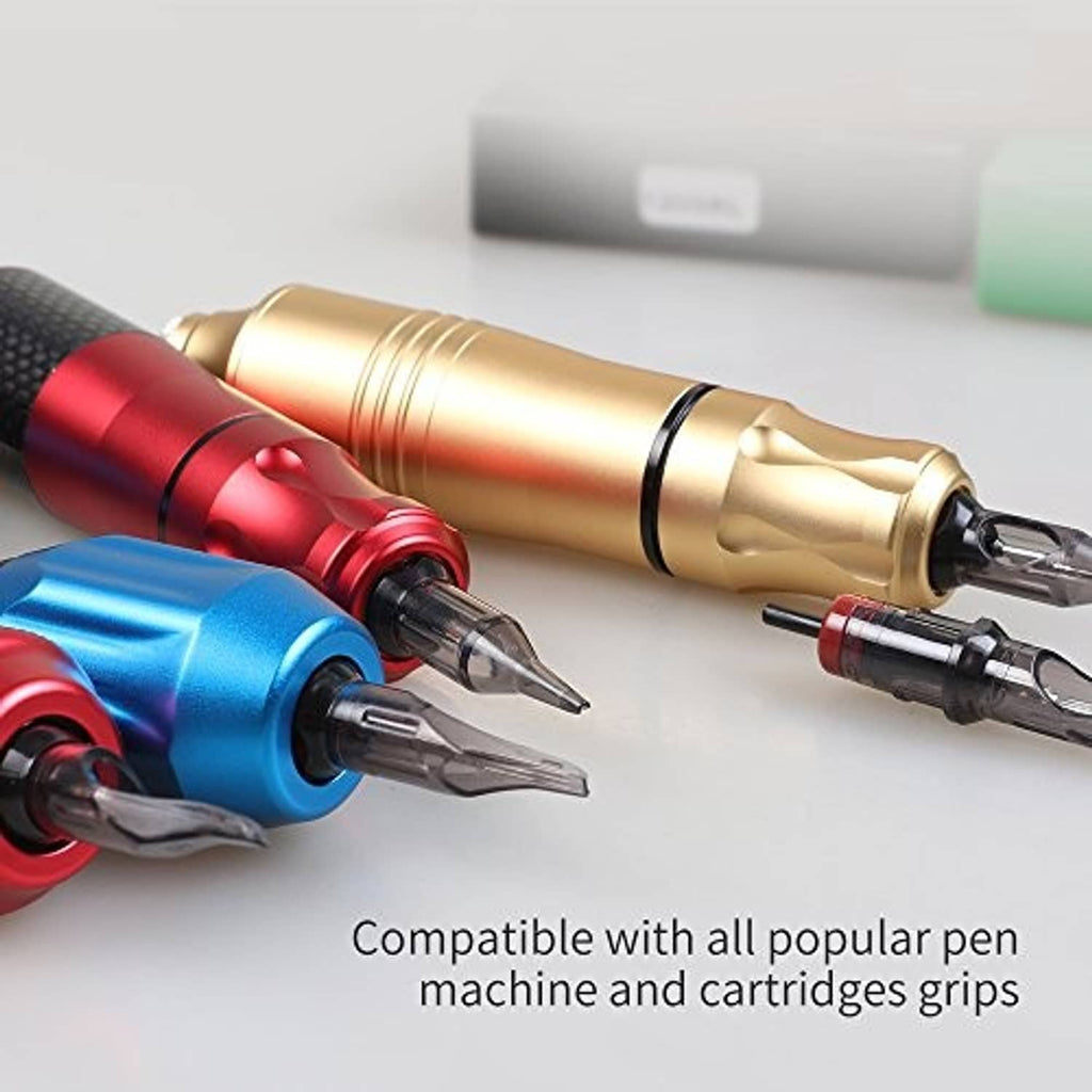 Dragonhawk Mast tattoo cartridge grips with needle tips in red, blue, and gold