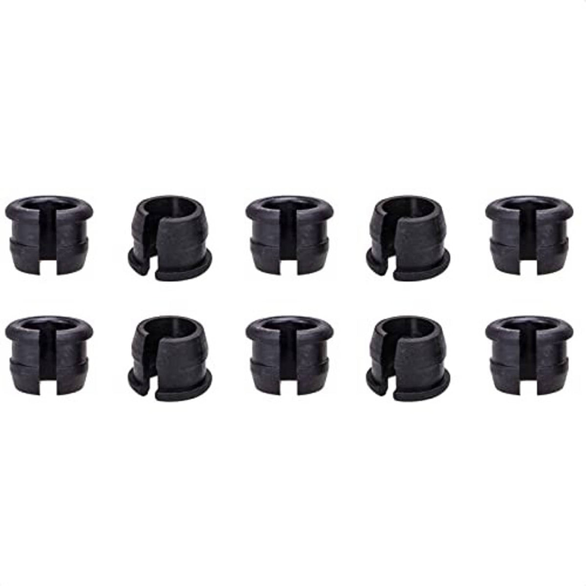Black rubber valve stem adapters arranged in rows for Schrader to Presta conversion