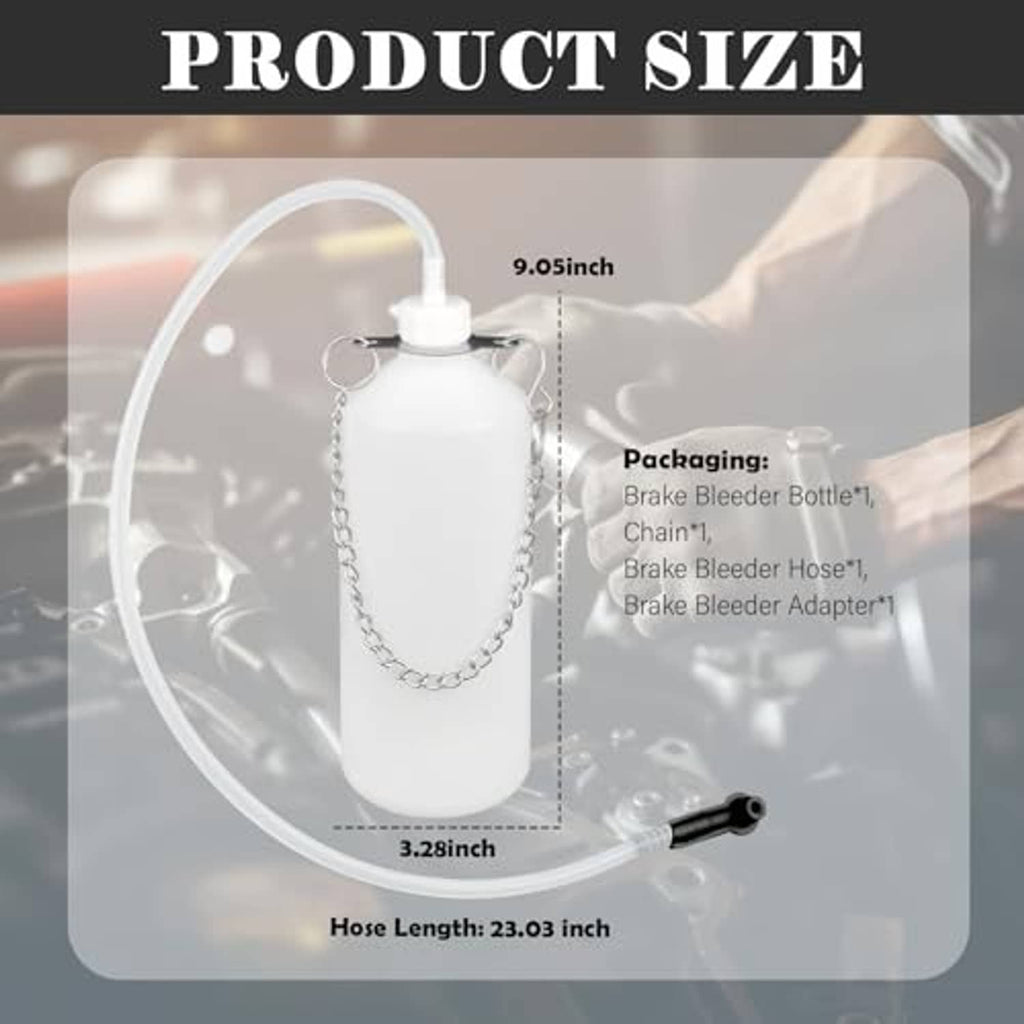 Brake bleeder bottle kit with clear hose, chain, and vented bottle cap; labeled sizes shown.