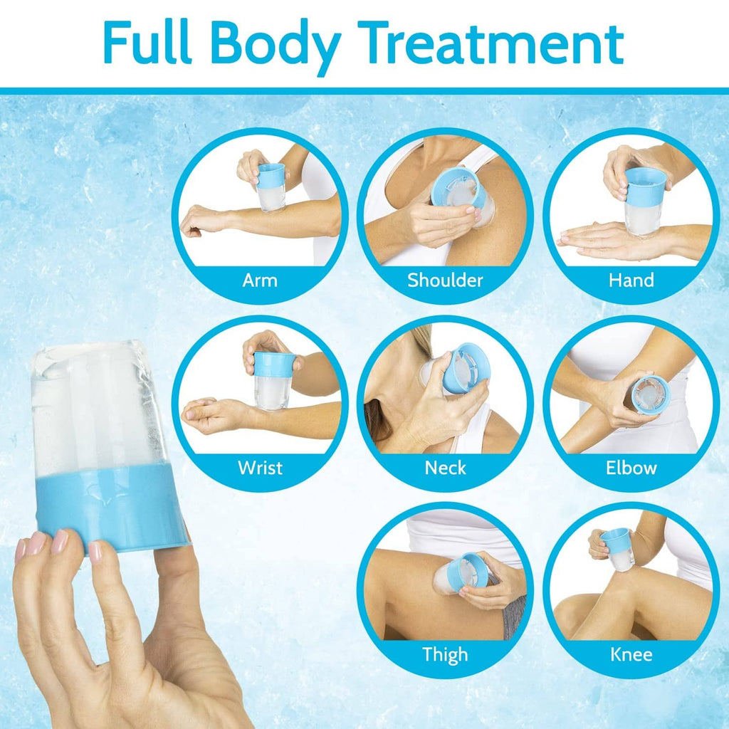 Ice cup tool in use across body areas, showing cup and roller application