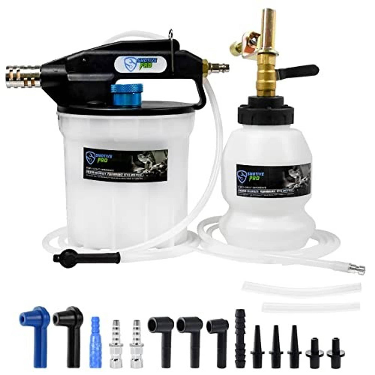 Pneumatic 2L vacuum brake bleeder with white reservoir, black pump handle, included fittings