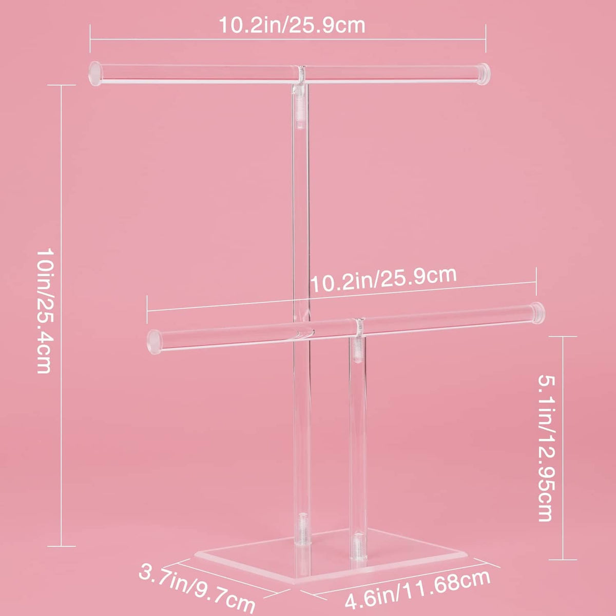 Acrylic necklace holder size diagram: 10.2in x 10.2in x 3.7in