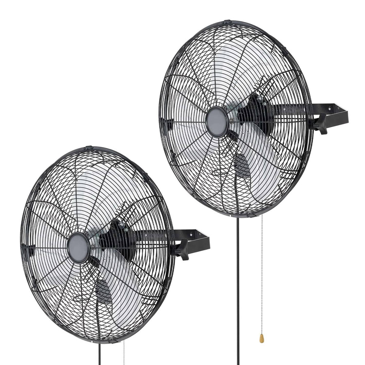 18-inch wall fan set with two black wire cages and adjustable mounting brackets