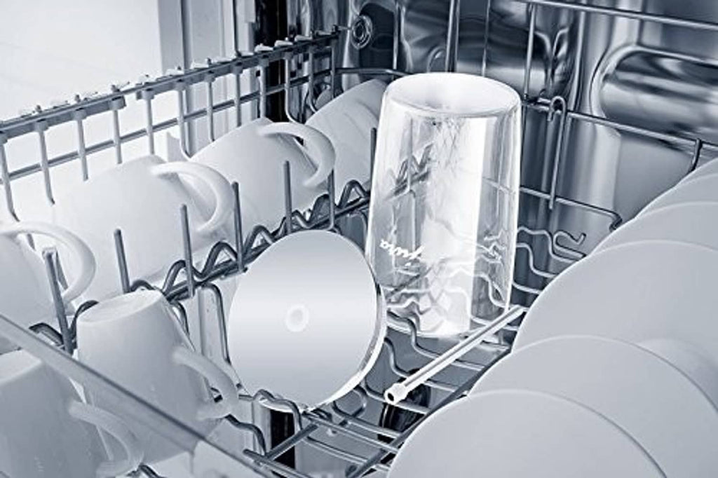 Jura milk container in dishwasher rack, clear walls and chrome lid