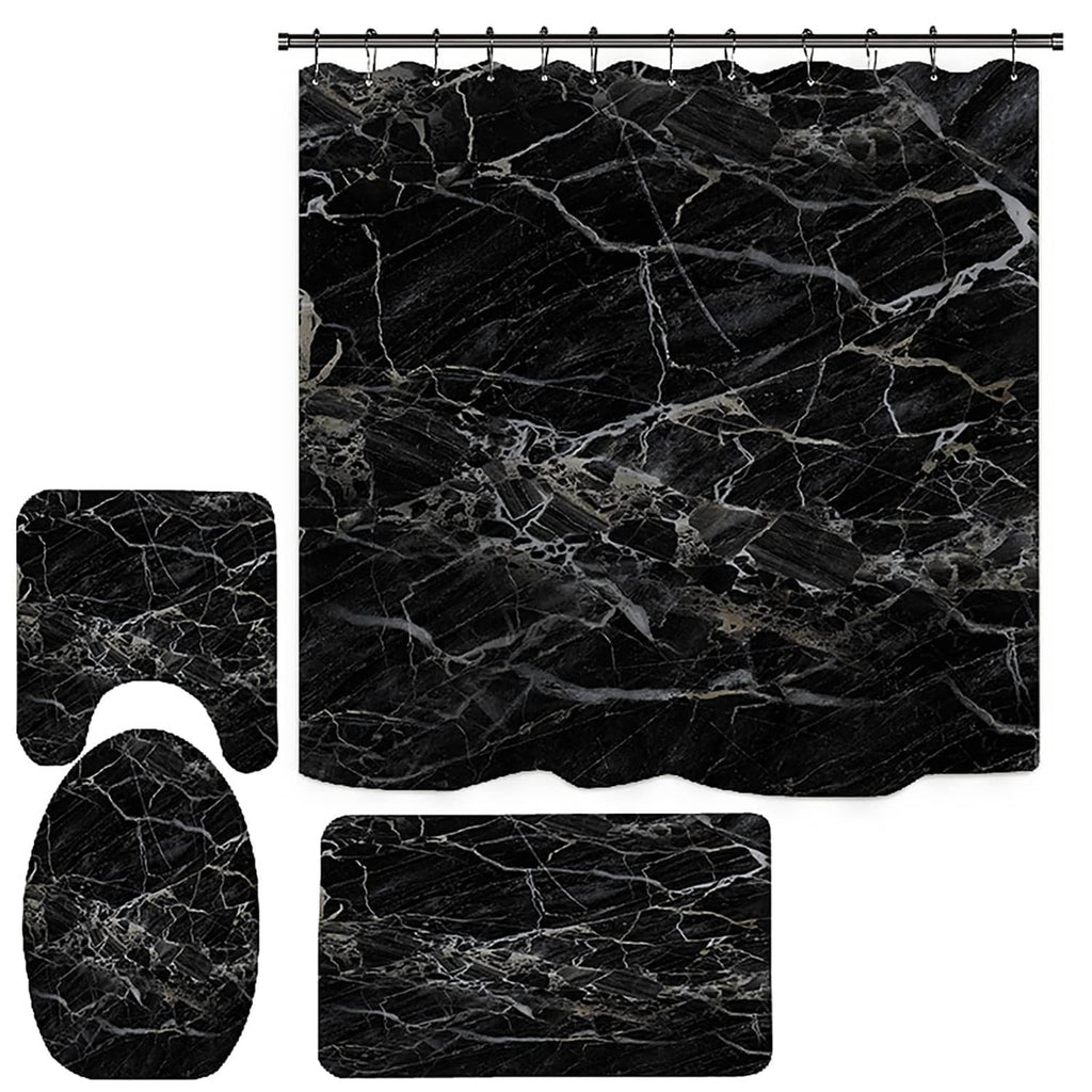 Black marble shower curtain with matching bath rug set, 4-piece bathroom accessories
