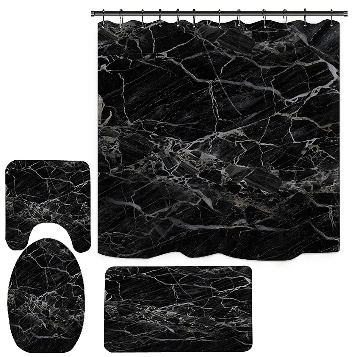 Black marble shower curtain with matching bath rug set, 4-piece bathroom accessories
