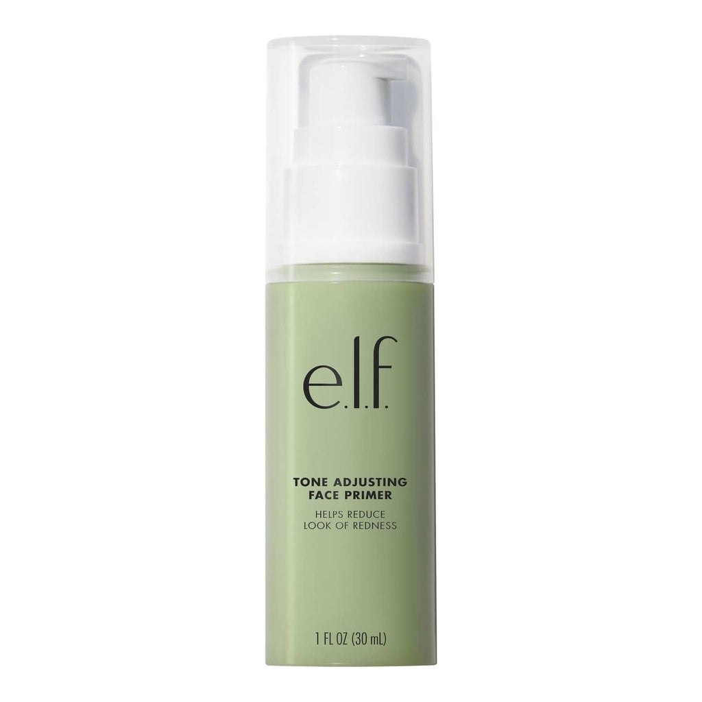 e.l.f. Tone Adjusting Face Primer bottle with green liquid makeup primer