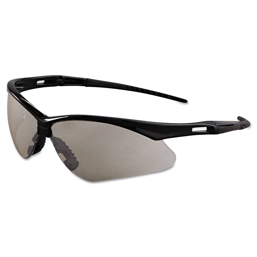 Black safety eyewear with wraparound gray-tinted lenses and vented side arms