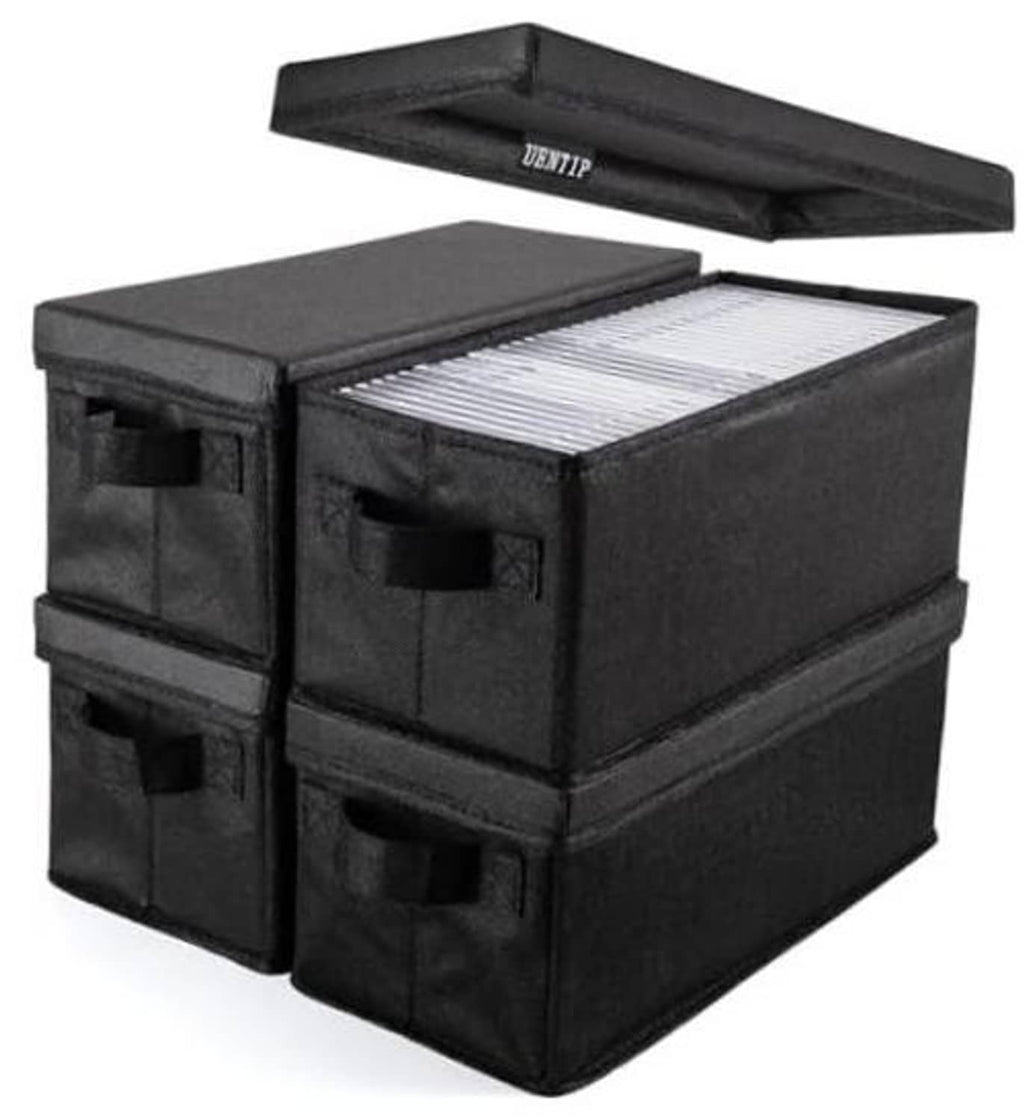 Black fabric CD storage box with hinged lid open, holding stacked discs inside