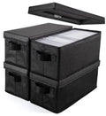 Black fabric CD storage box with hinged lid open, holding stacked discs inside