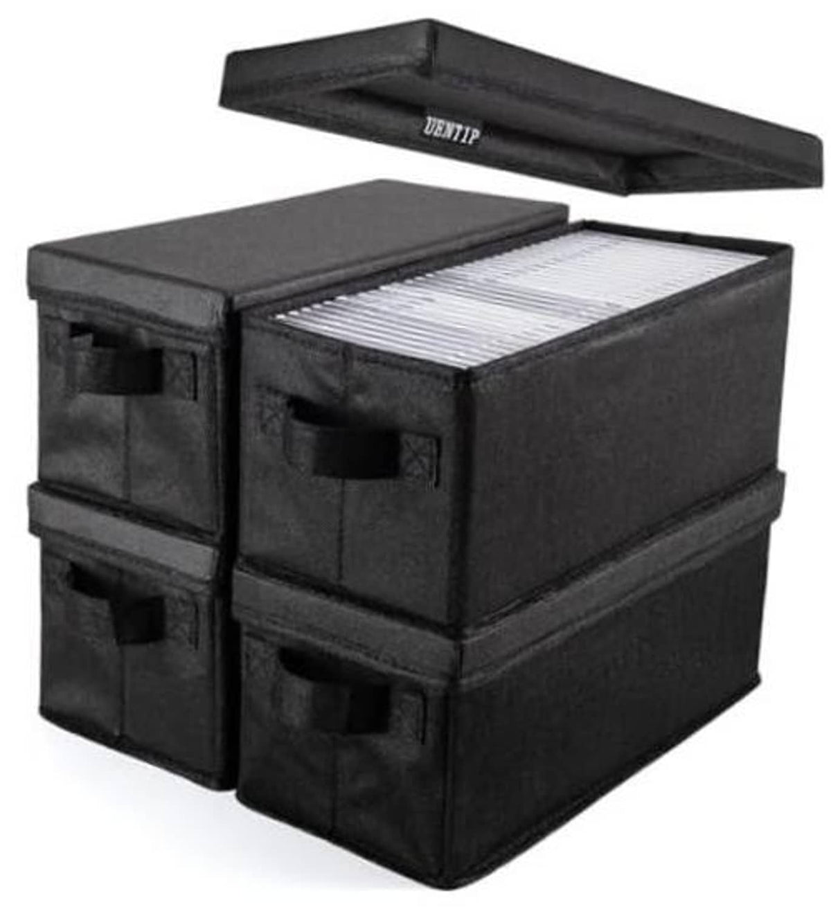 Black fabric CD storage box with hinged lid open, holding stacked discs inside