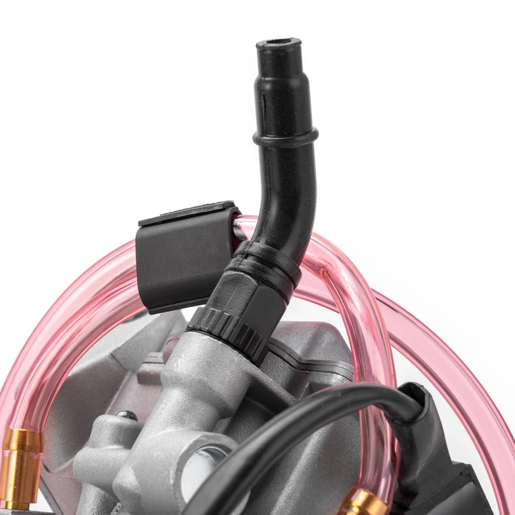 Carburetor with black electrical connector and intake hose, gray housing with pink lines