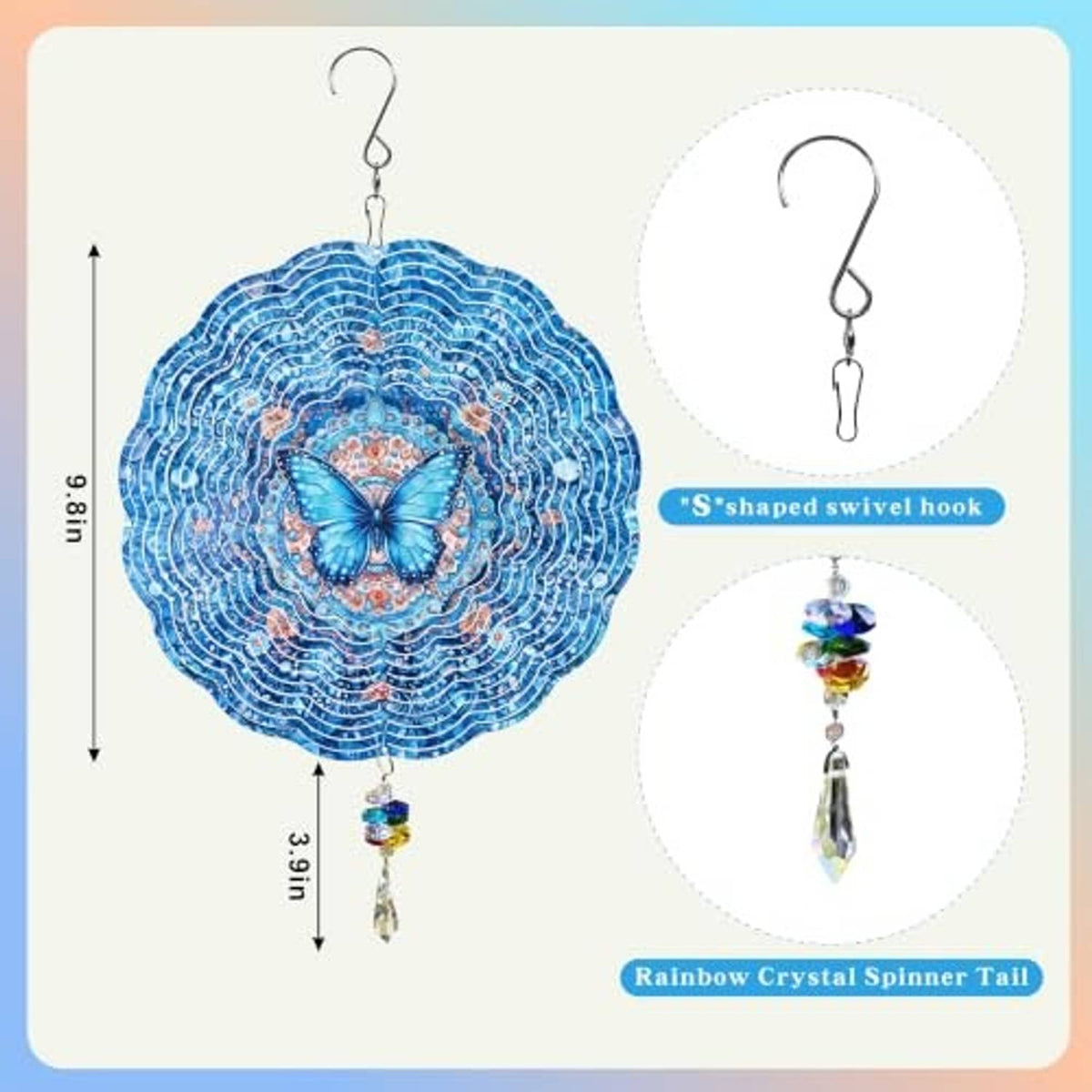 Blue 3D butterfly wind spinner with S-hook and rainbow crystal spinner tail