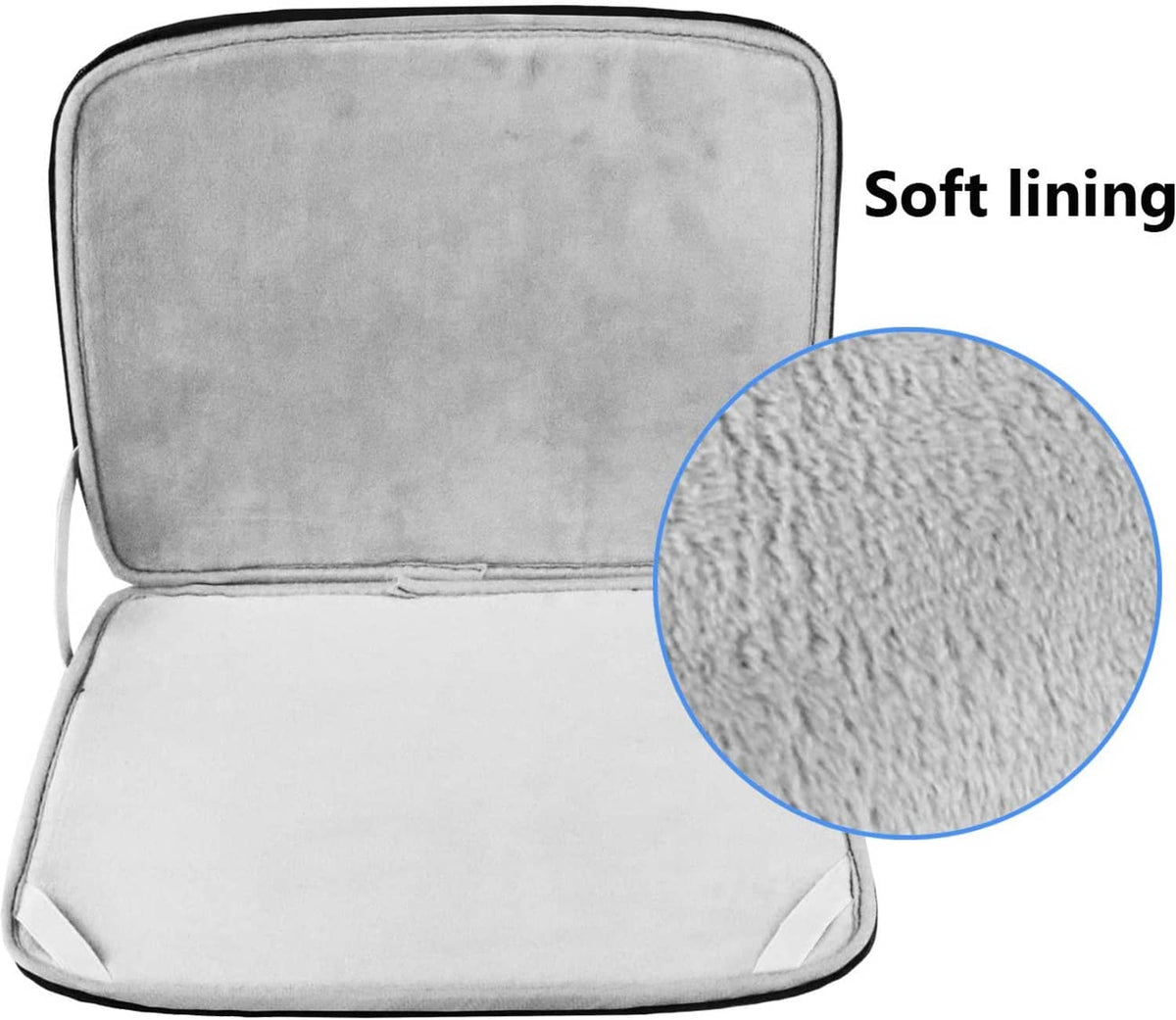 Light gray interior lining of laptop sleeve with soft plush texture and zipper edge.