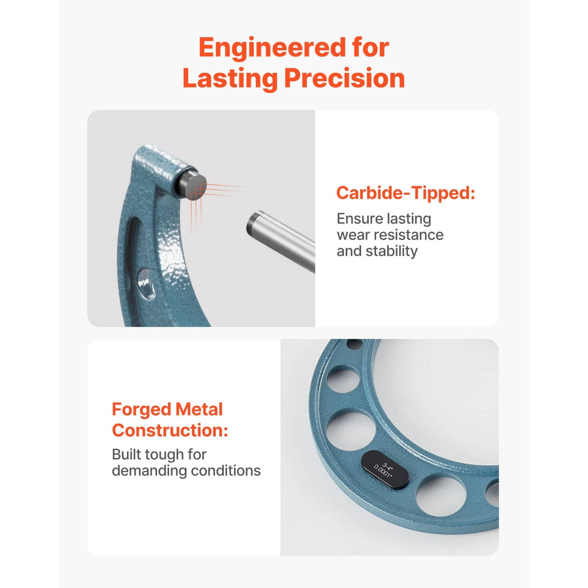 Uimoso micrometer frame with carbide-tipped anvil and forged metal body
