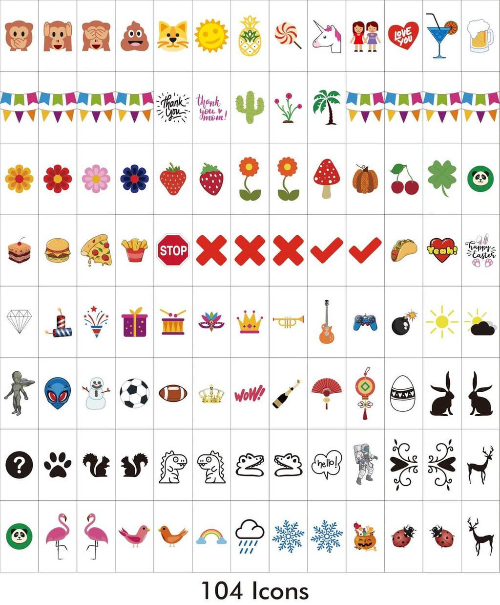 104-icon sticker sheet with colorful symbols, shapes, and decorative icons