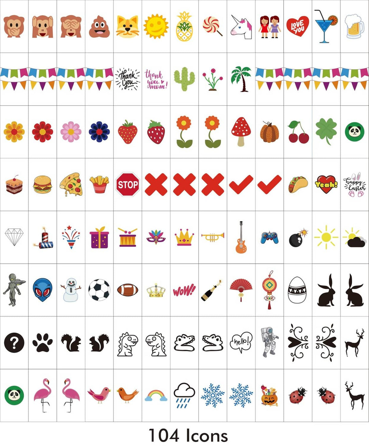 104-icon sticker sheet with colorful symbols, shapes, and decorative icons