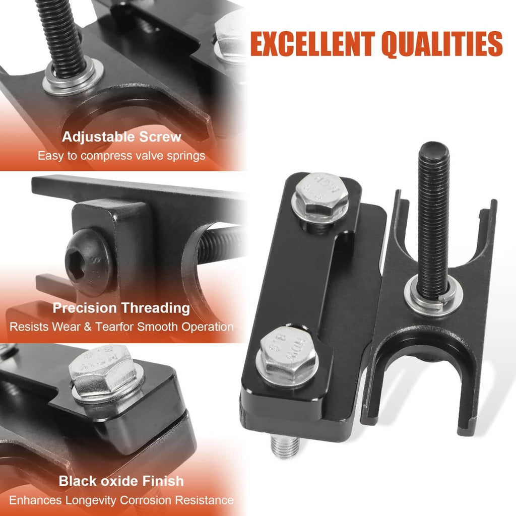 Black valve spring compressor with adjustable threaded screw and hex bolts for valve springs