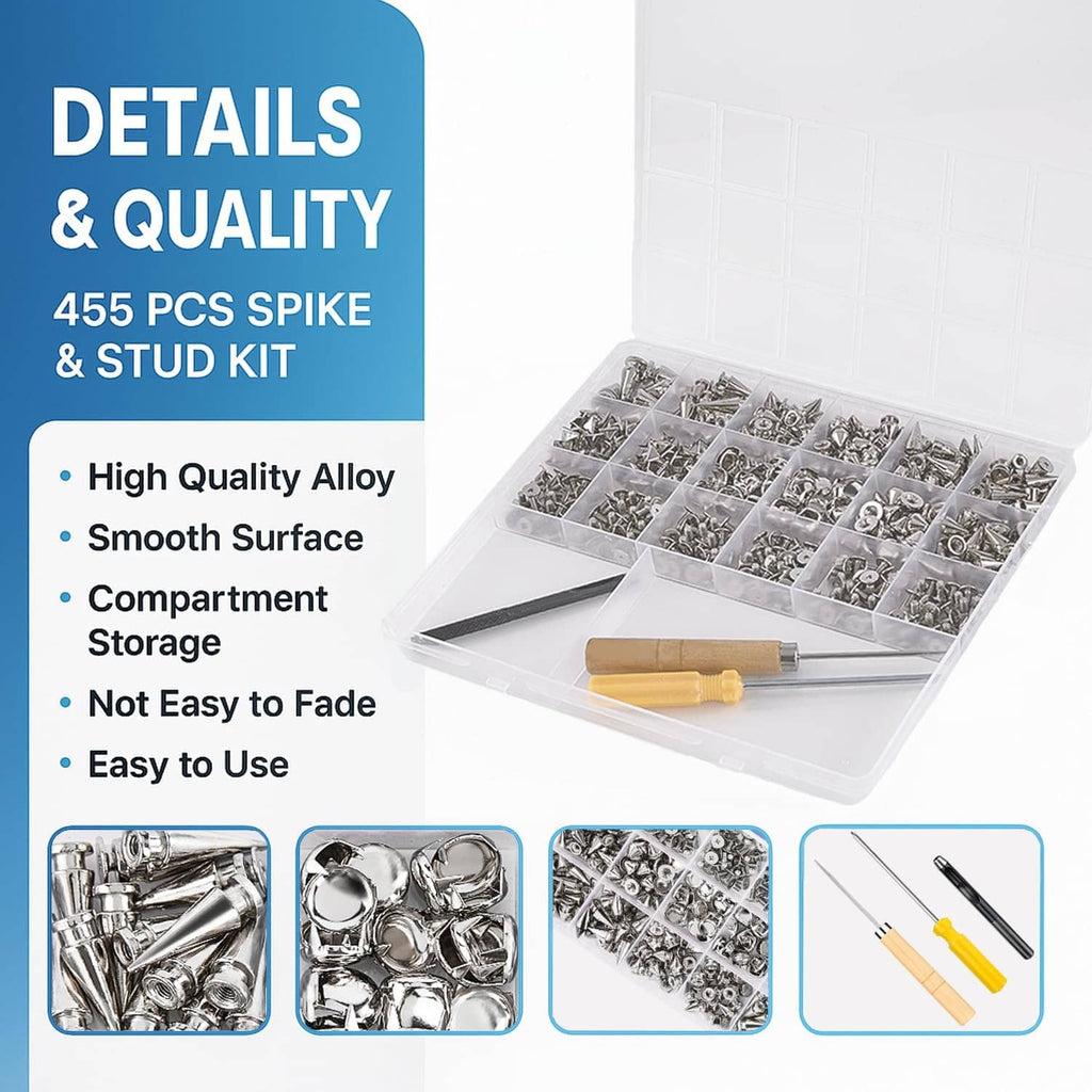 Craluuur 455-piece punk spikes and studs kit in clear organizer tray with divided compartments