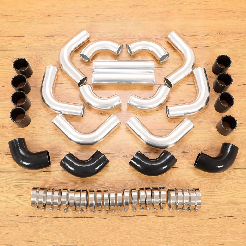 Intercooler piping kit with silver aluminum elbows, black couplers, and metal clamps