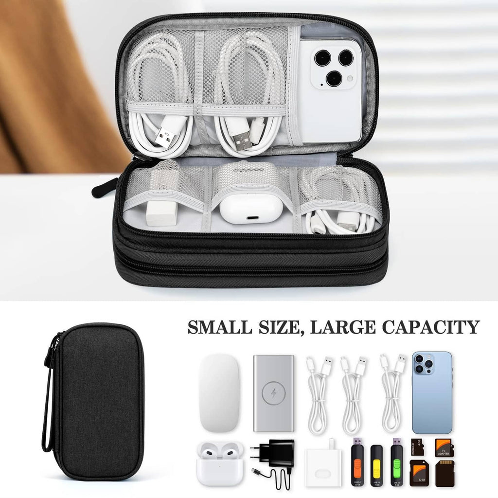 Black electronics pouch open view with internal elastic loops and mesh organizer