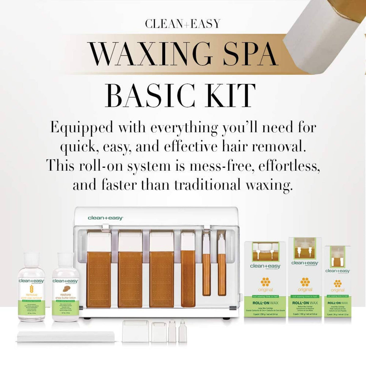 Waxing spa basic roll-on kit with warmer, wax cartridges, and bottles set