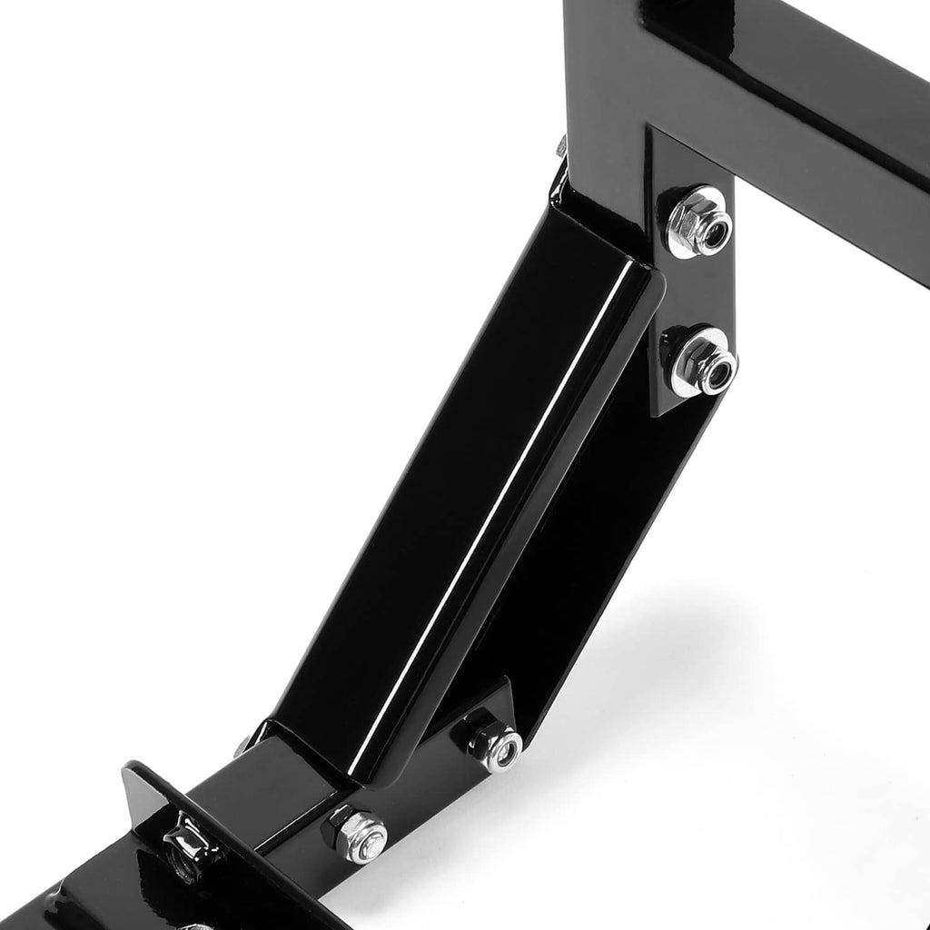 Close-up of black hitch mount brackets with threaded knobs and pins