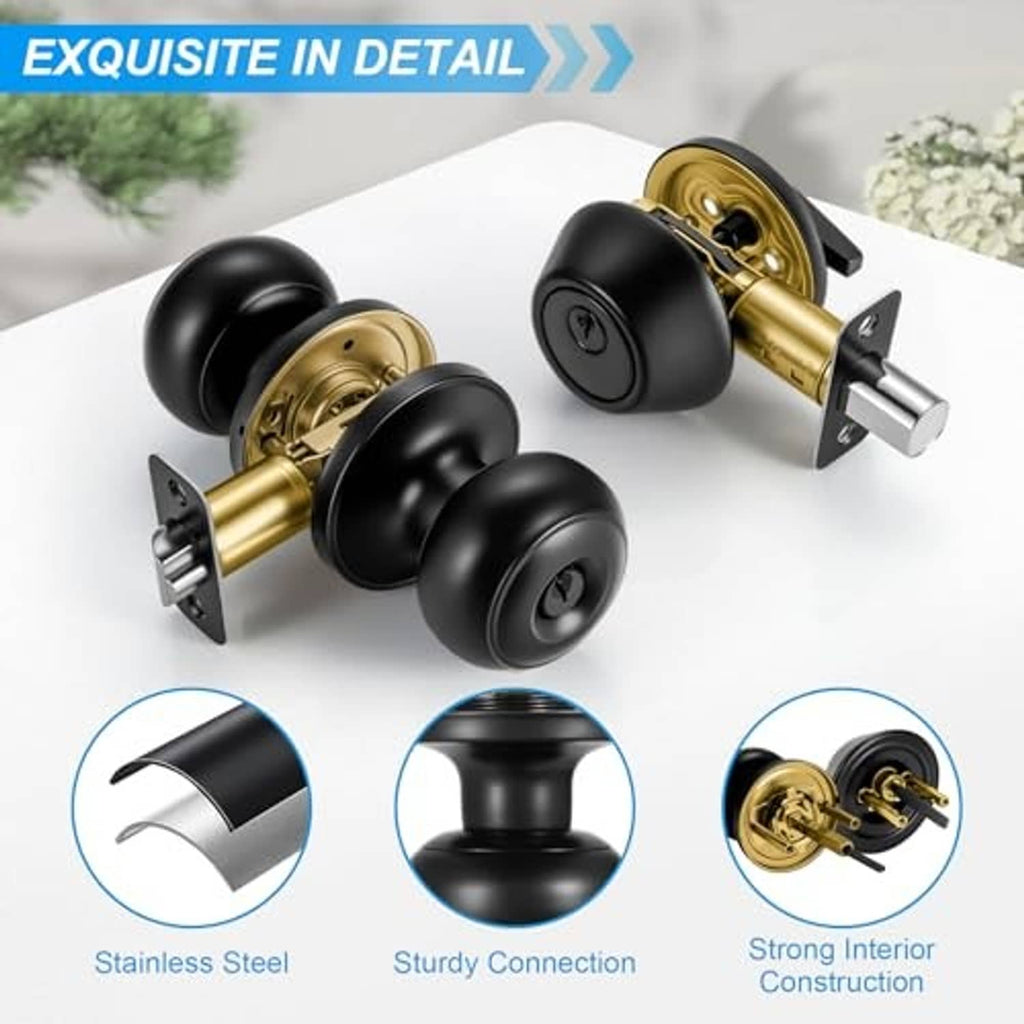 Matte black and gold door lock set with knobs and deadbolt, mounted exterior hardware