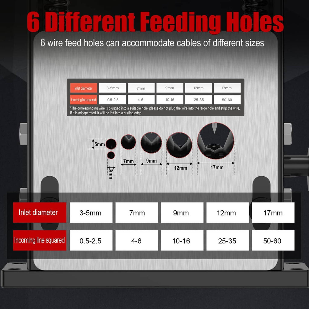 Wire stripper gauge plate with 6 wire feed holes for different cable sizes