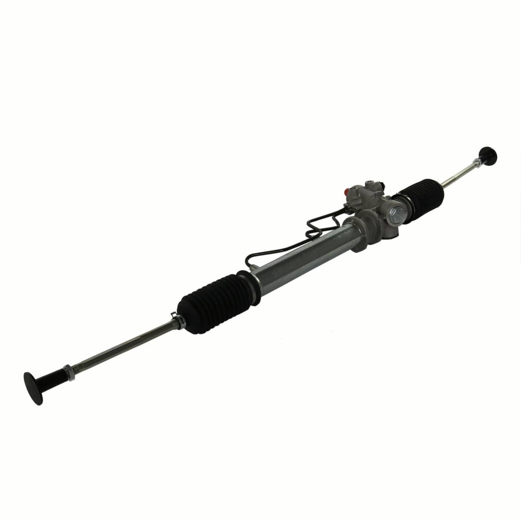 Power steering rack and pinion unit with long shaft, black bellows boots, and end mounts