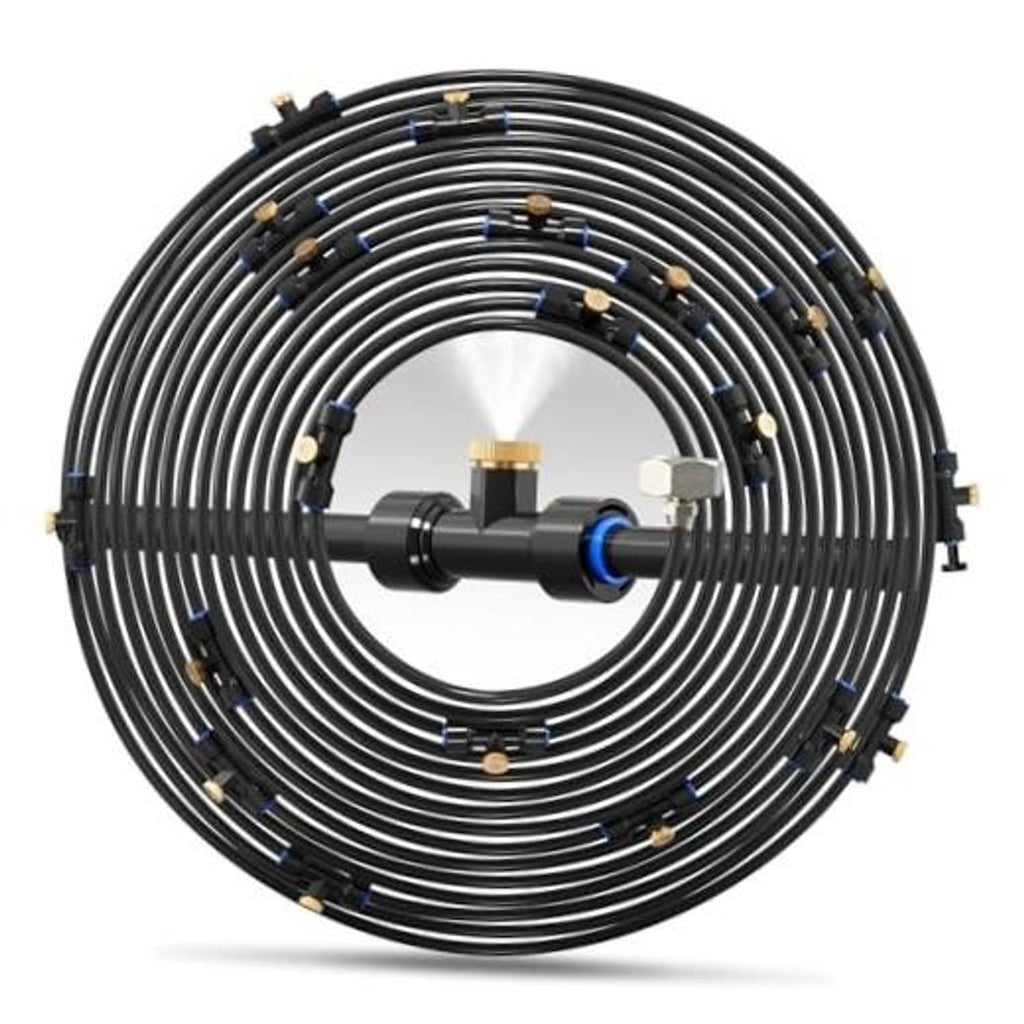 Coiled black misting line with central connector and brass mist nozzles