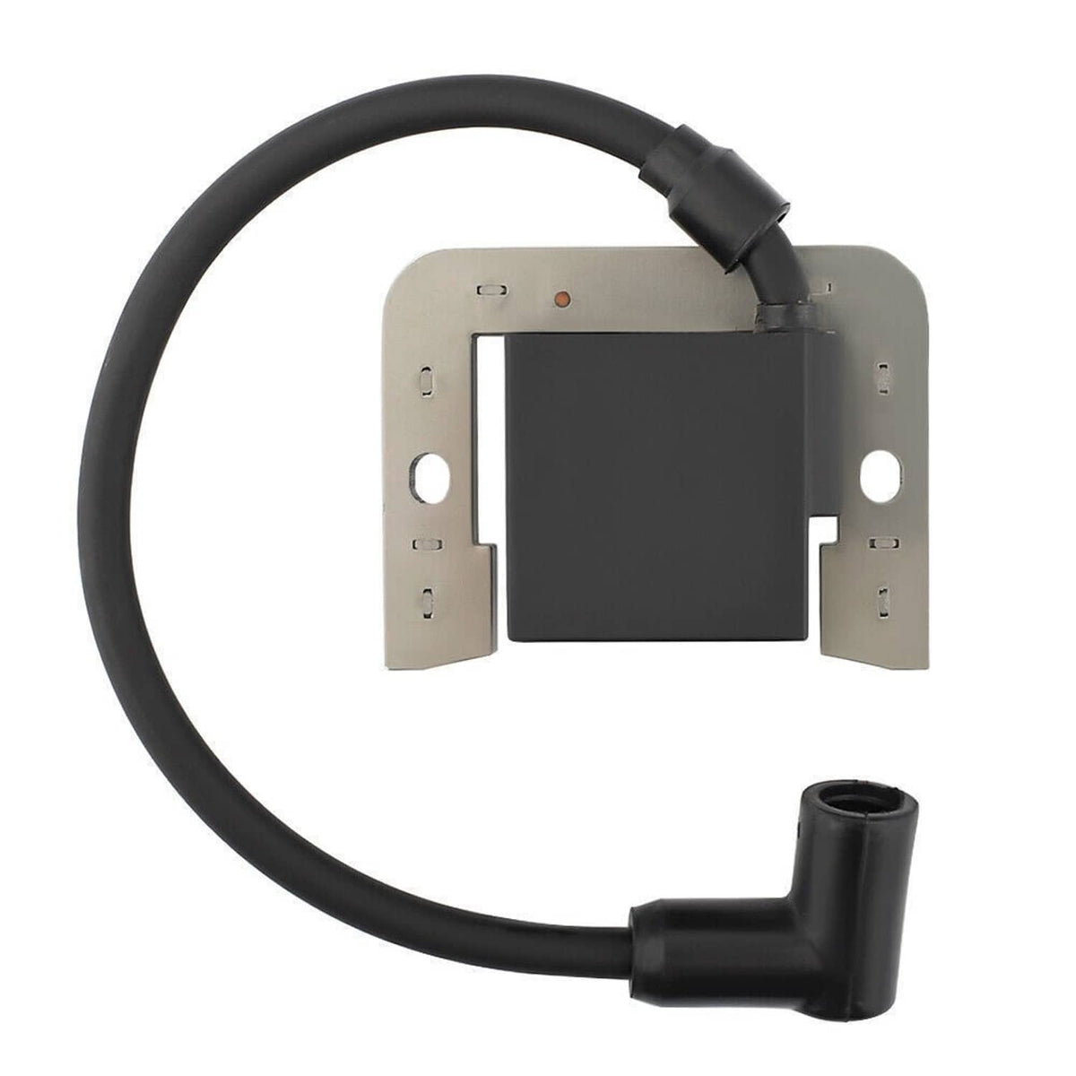 Ignition coil module with black housing, metal mounting plate, and two cable connectors