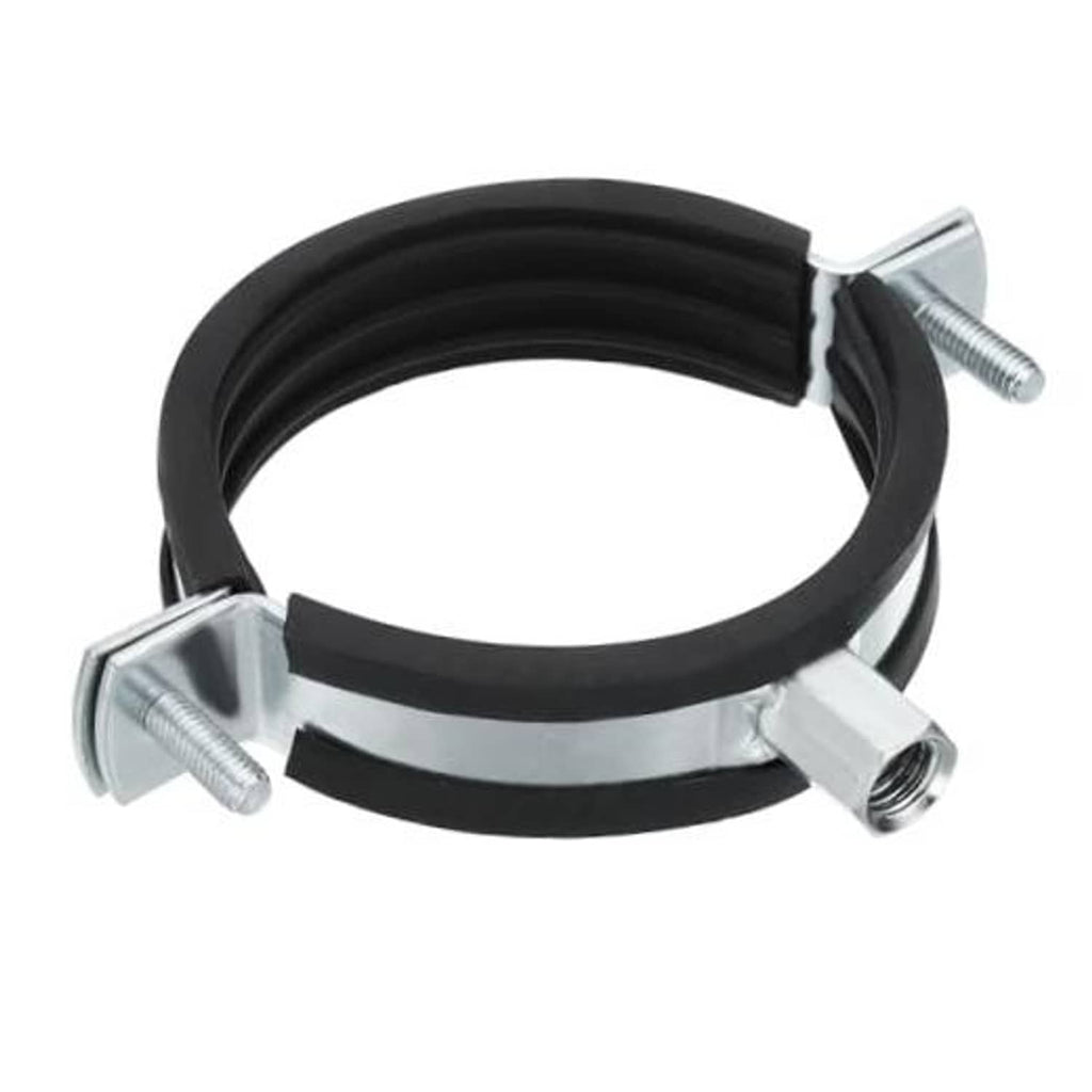 Split pipe hanger with black rubber lining and zinc-plated iron bolts, 2.5 in size