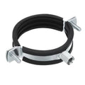 Split pipe hanger with black rubber lining and zinc-plated iron bolts, 2.5 in size