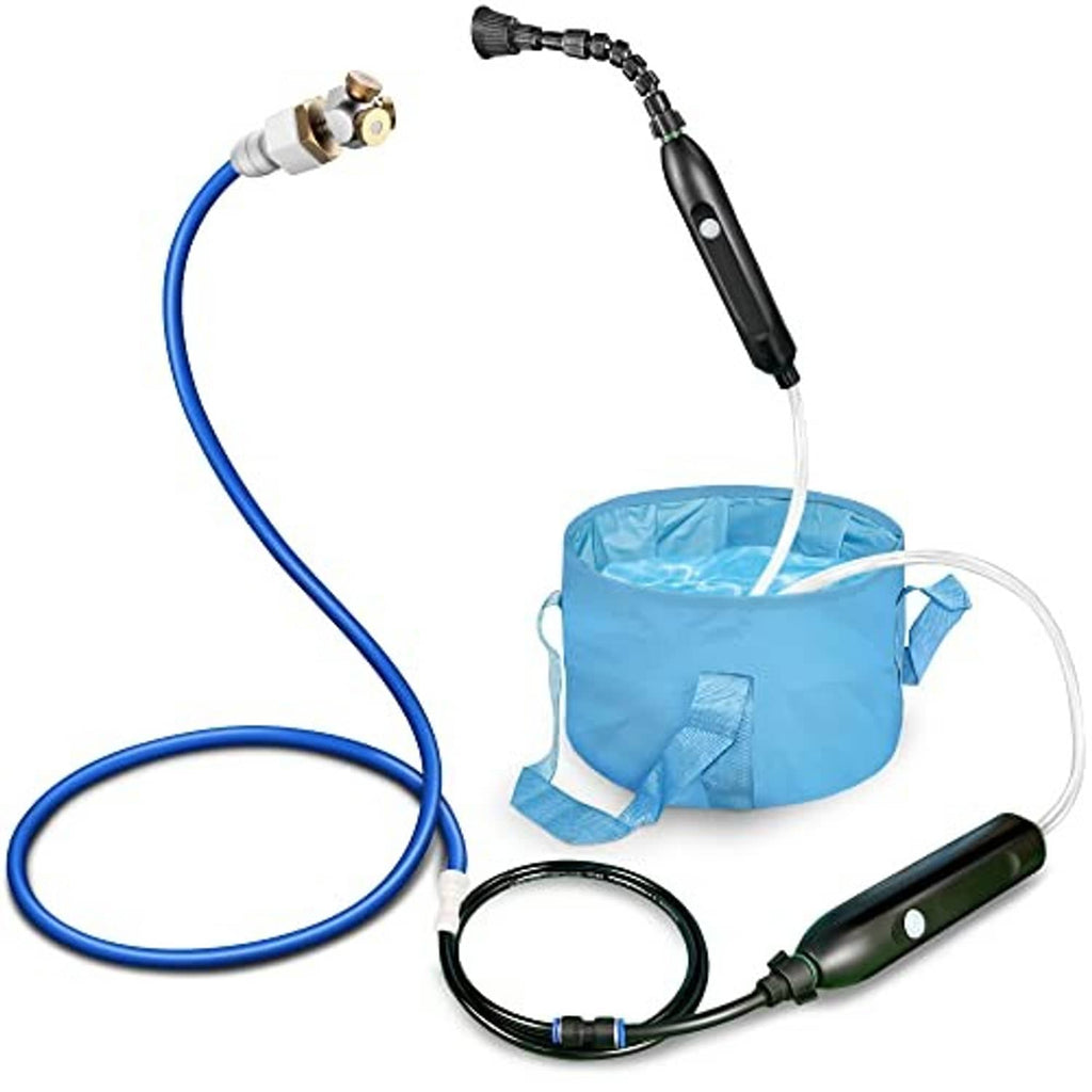 Misting kit components: blue water bag, blue hose, black sprayer wand, and connectors.