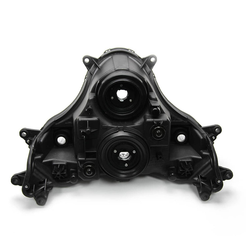 Front headlight lamp assembly with two circular housings and mounting tabs, black