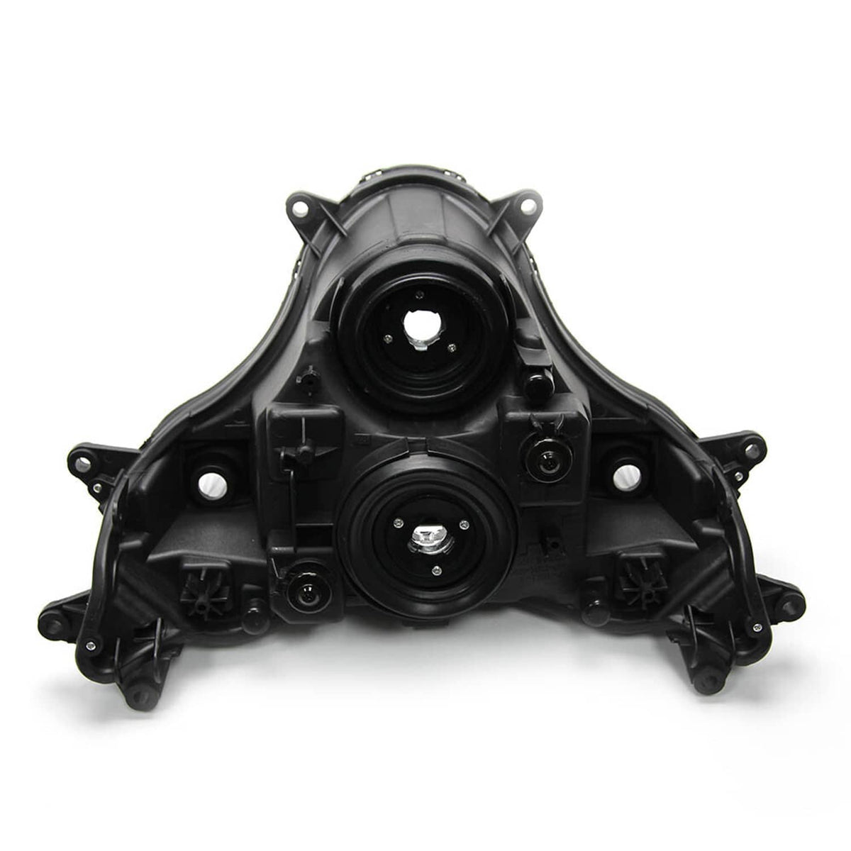 Front headlight lamp assembly with two circular housings and mounting tabs, black