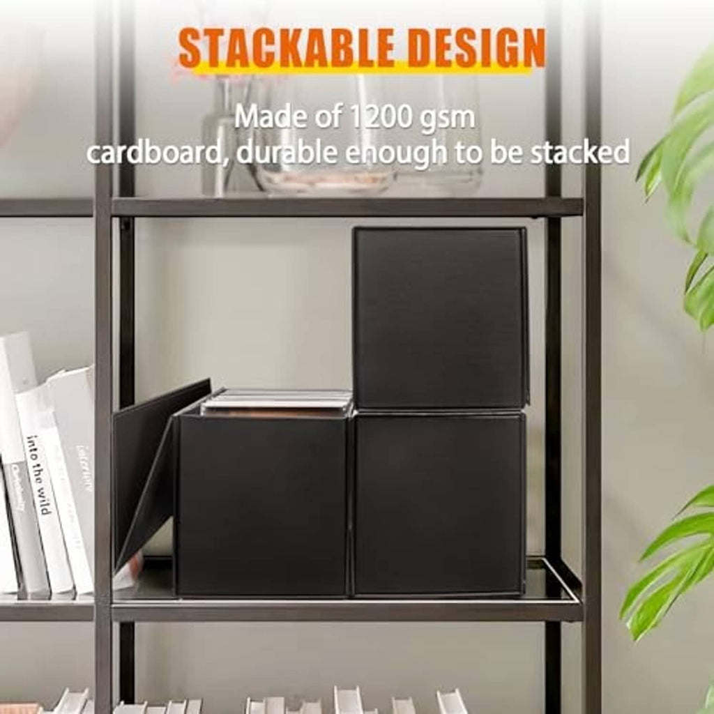 Stackable black CD/DVD storage boxes, arranged on a shelf