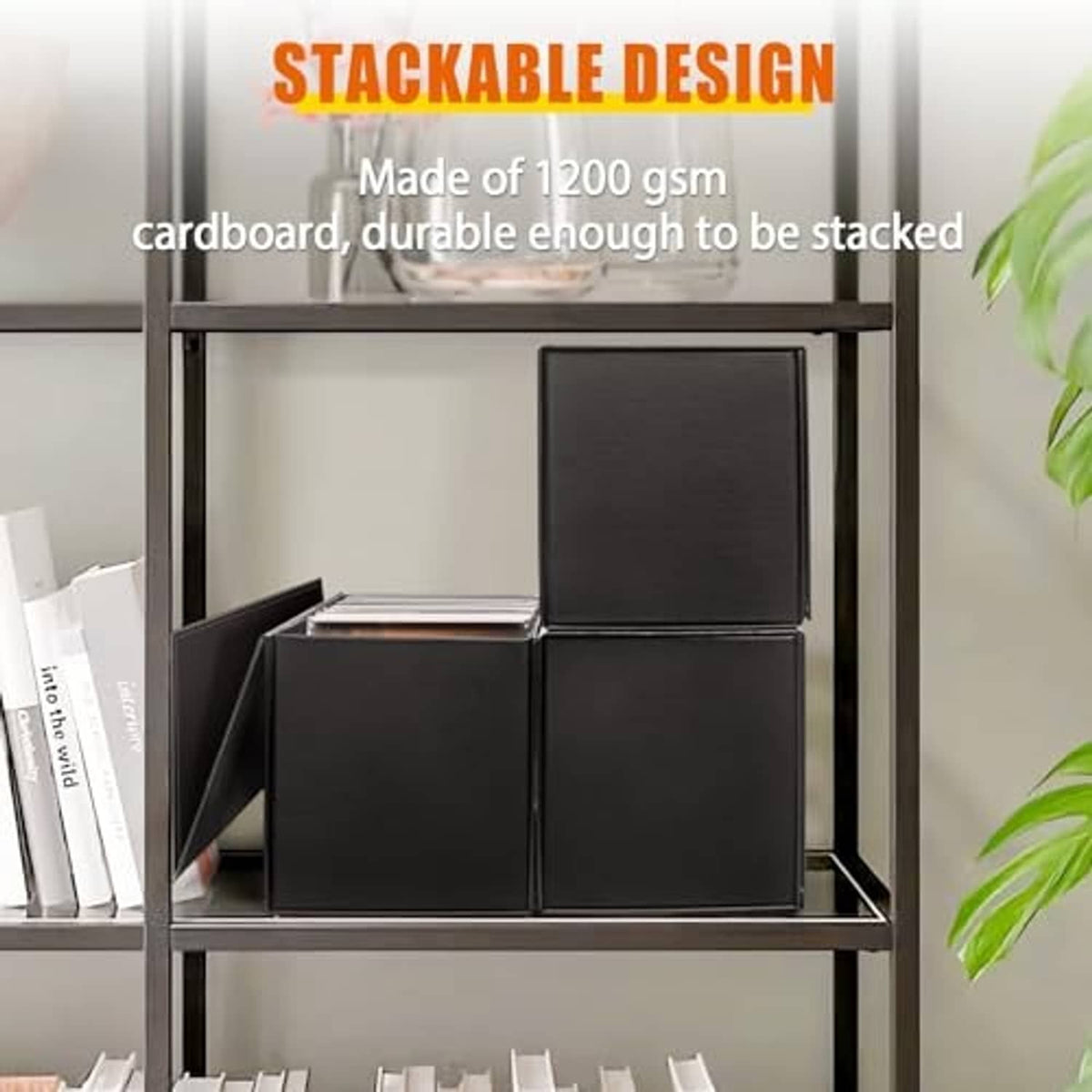 Stackable black CD/DVD storage boxes, arranged on a shelf