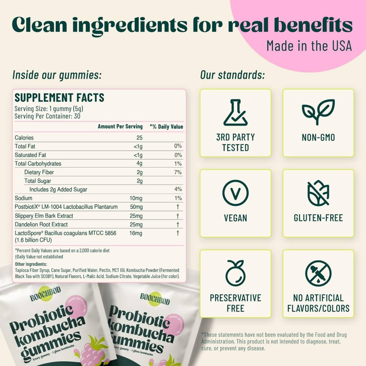 Kombucha gummy supplement facts and clean ingredient icons, including vegan and gluten-free
