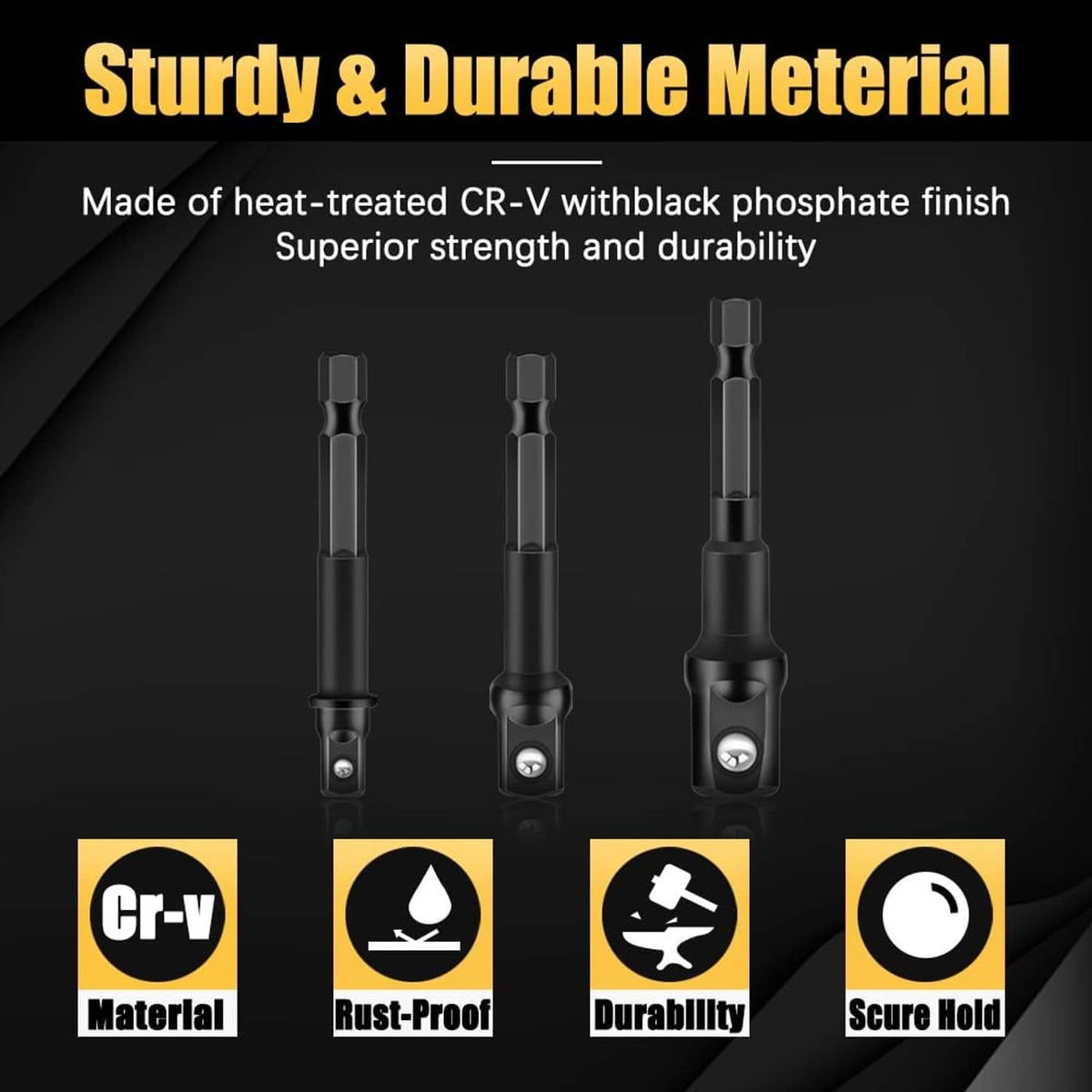 Black CR-V impact socket adapter set with three adapters and hex shank ends