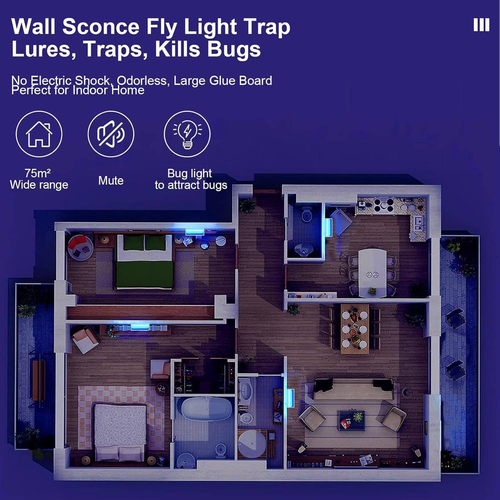 White wall sconce fly light trap lure-and-catch unit with blue glow