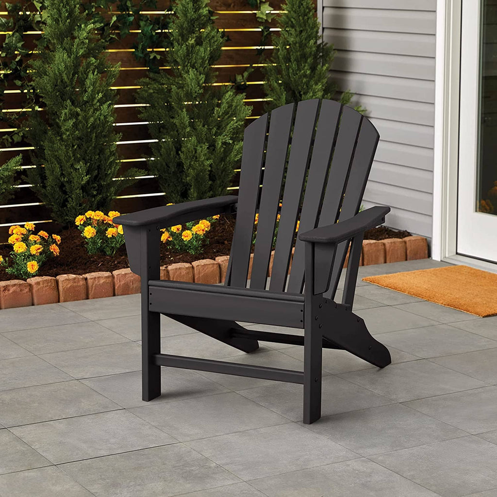 Black outdoor wooden patio chair with slatted back and arms, protective finish