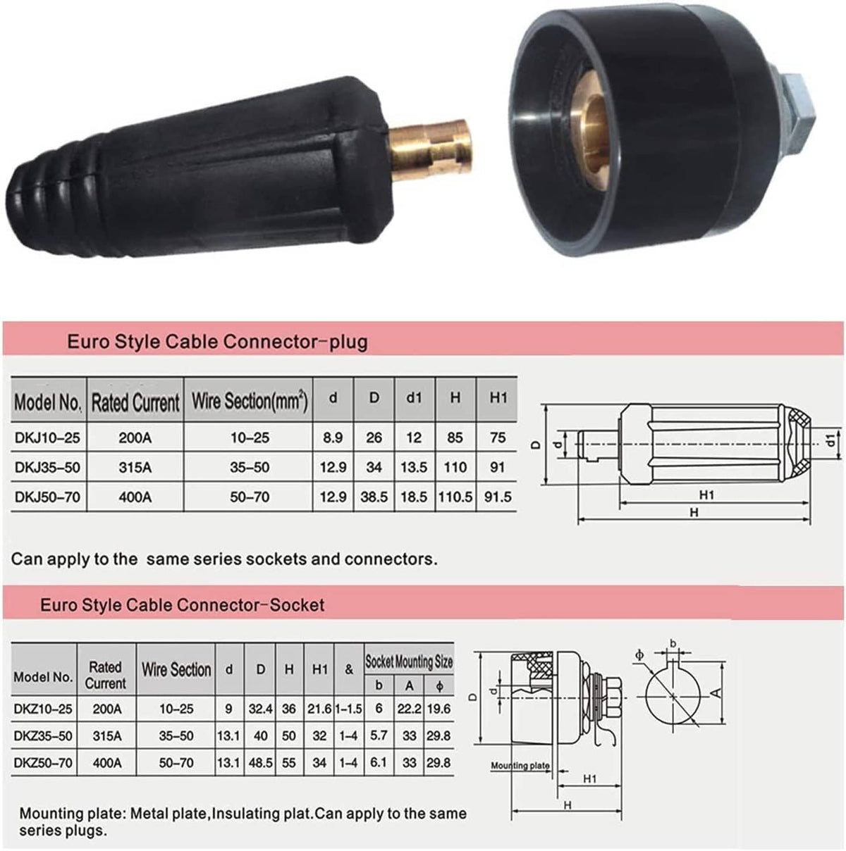 Black TIG welding cable connector plug and socket with brass contact