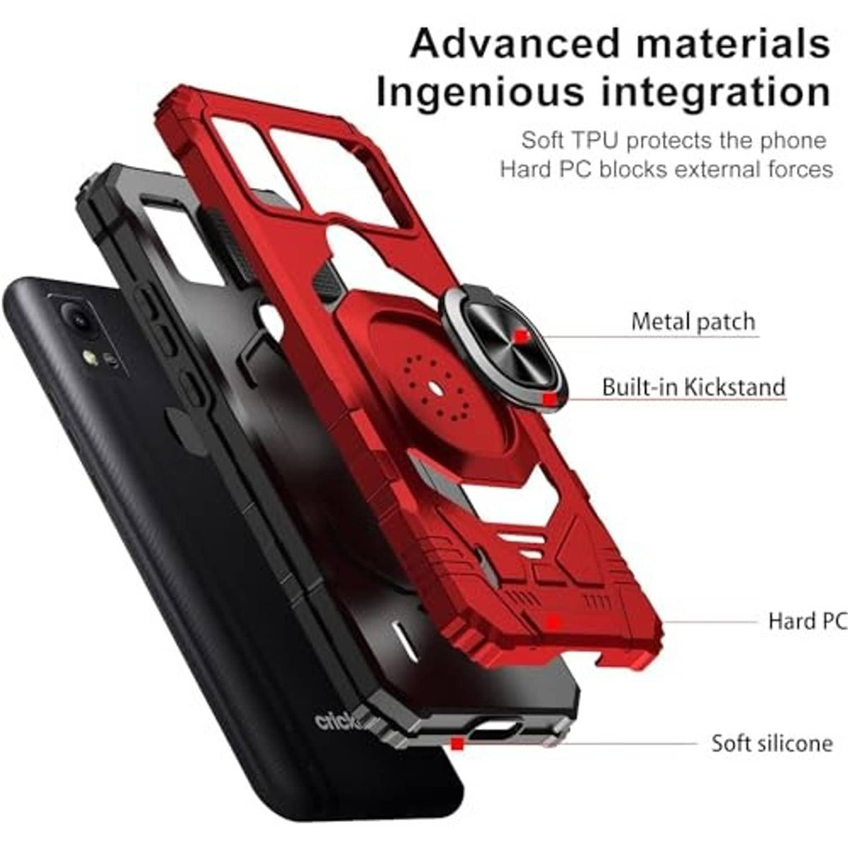 Red and black rugged phone case with ring stand and built-in kickstand