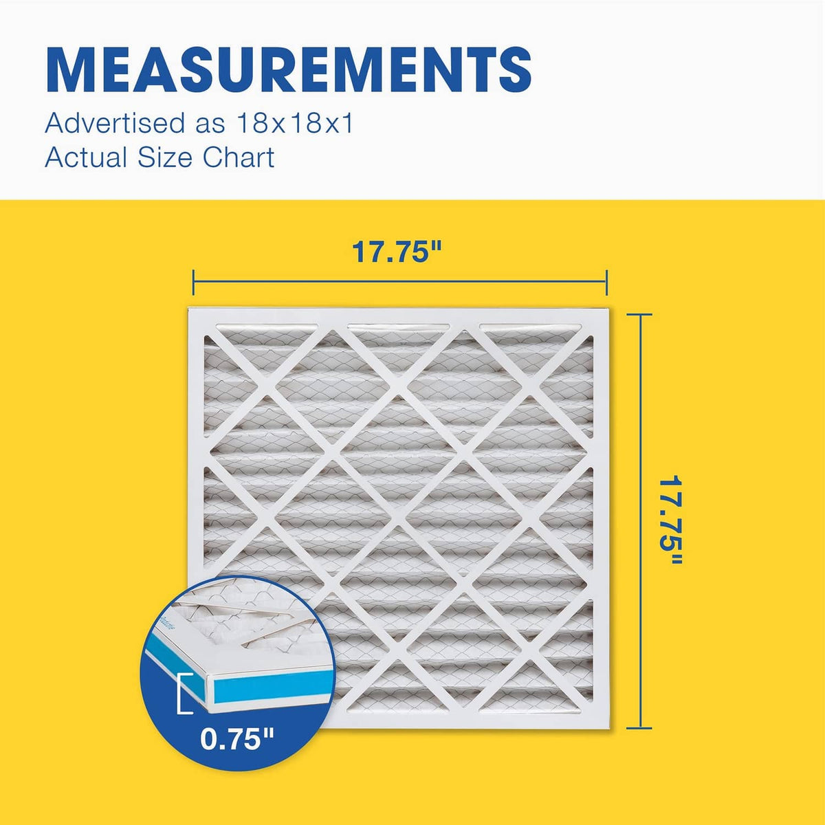 Square air filter with white pleated media, cross-hatch frame, size diagram