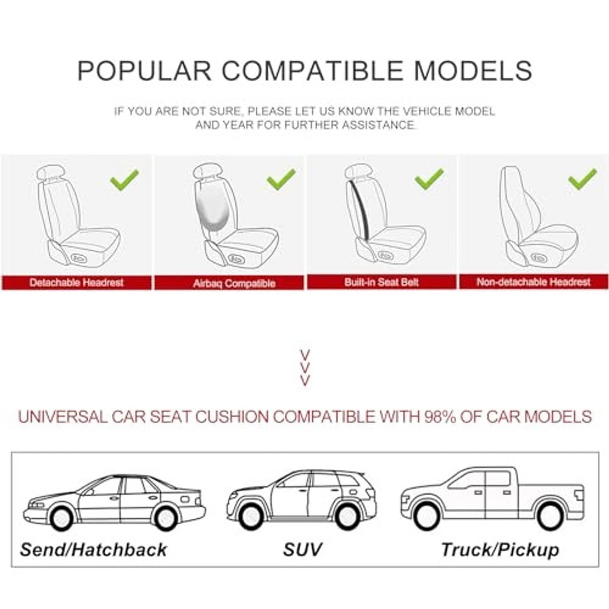 Car seat cover compatibility chart for detachable headrest and built-in seat belt