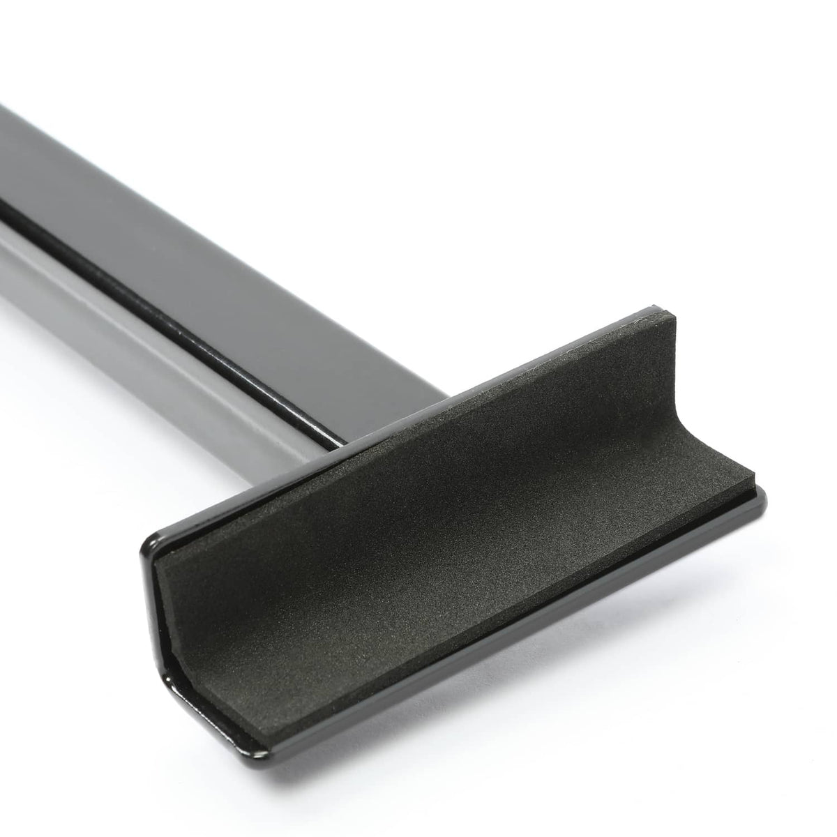 Black end bracket piece with textured surface and curved mounting tab