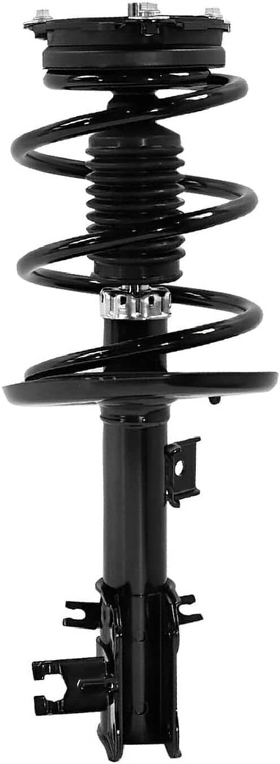 Single black coil-spring strut shock absorber with top spring hat and lower mounting bracket